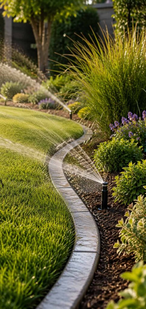 Sprinkler in sunlit garden atmosphere