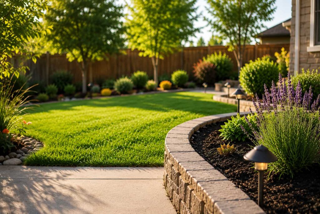 beautiful garden with grass and flowers